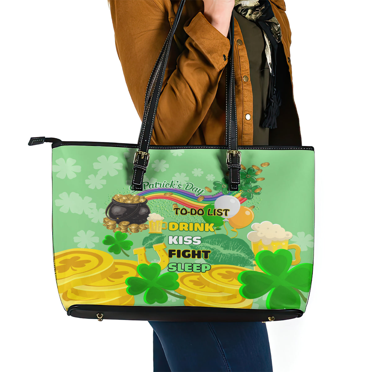 Saint Patrick Day Leather Tote Bag Shamrock To Do List - Wonder Print Shop