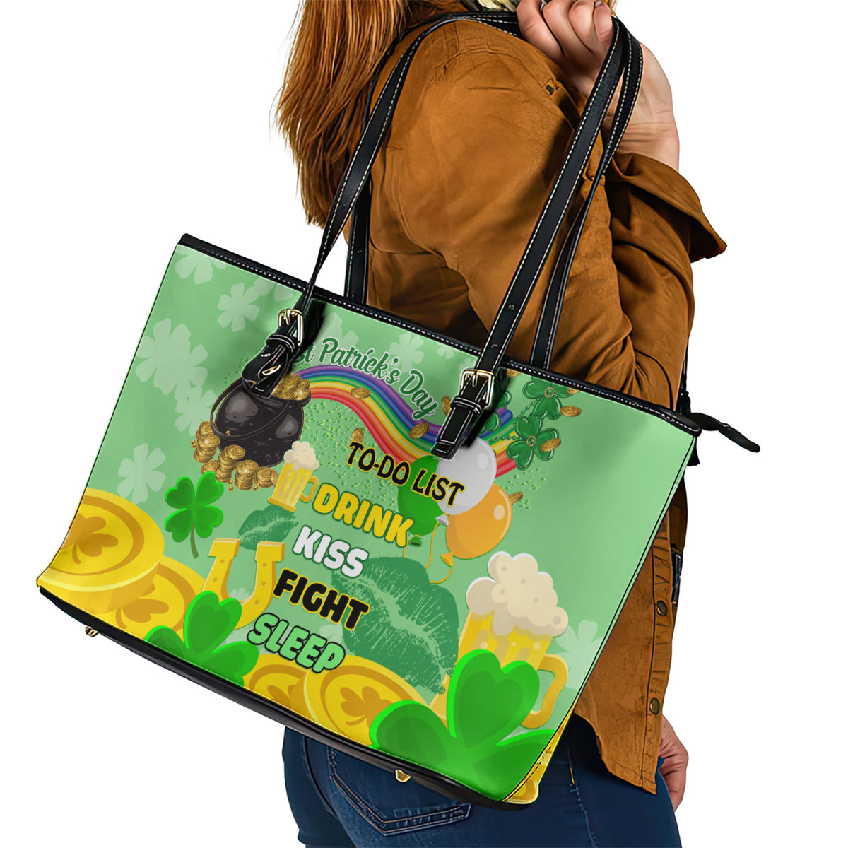 Saint Patrick Day Leather Tote Bag Shamrock To Do List - Wonder Print Shop