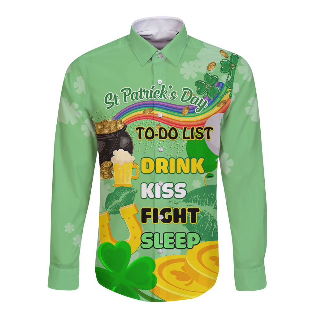Saint Patrick Day Long Sleeve Button Shirt Shamrock To Do List - Wonder Print Shop