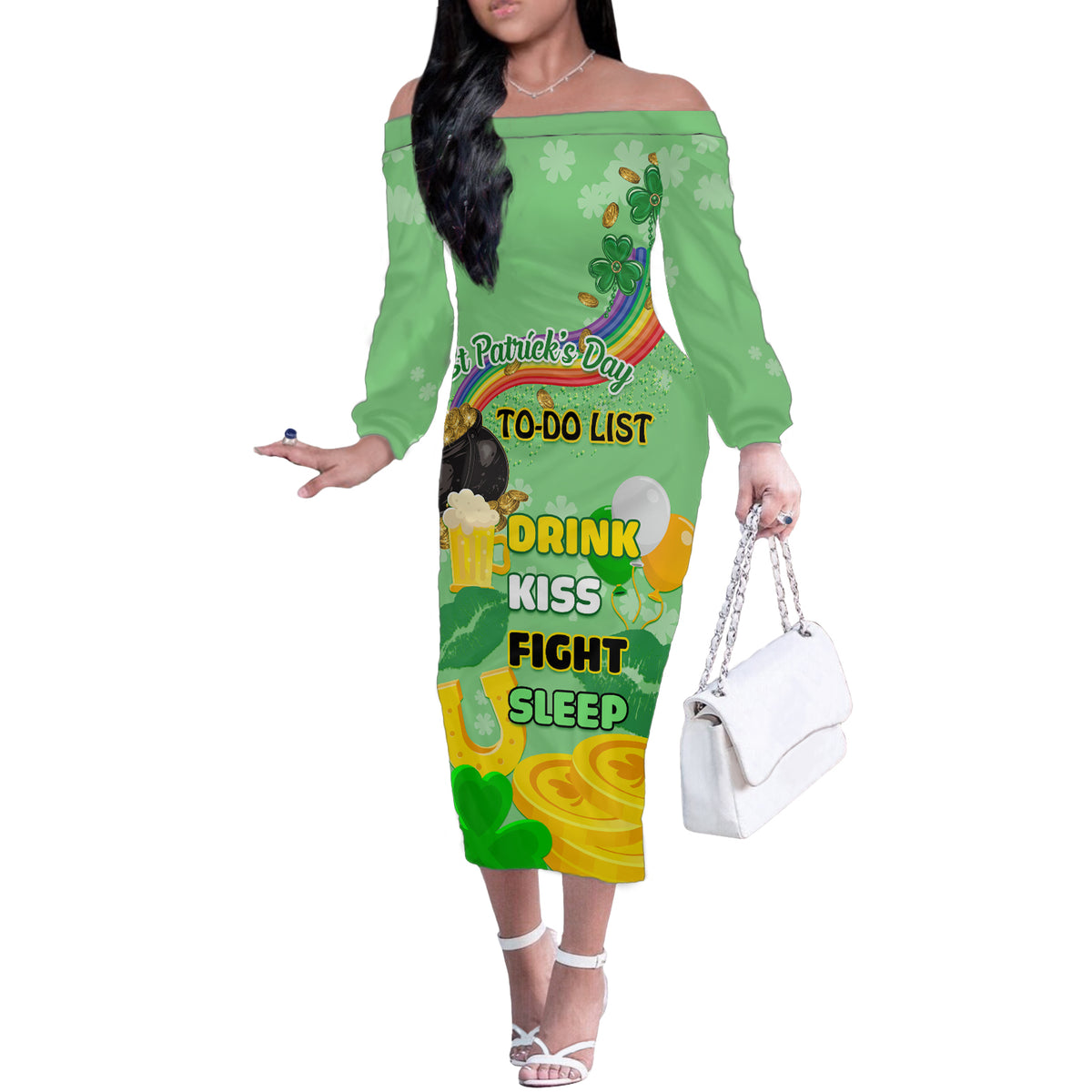 Saint Patrick Day Off The Shoulder Long Sleeve Dress Shamrock To Do List - Wonder Print Shop