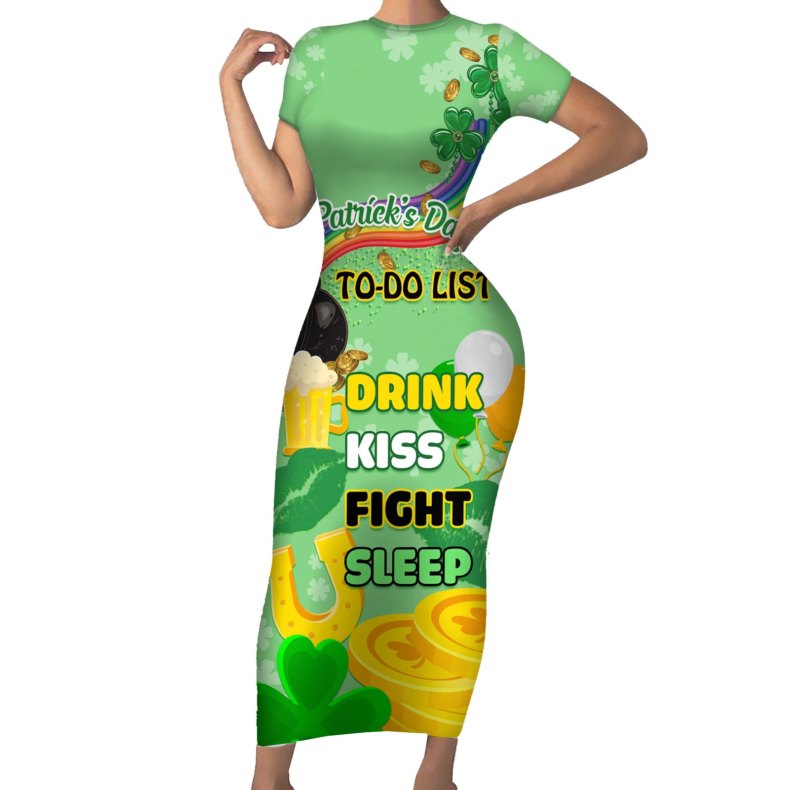 Saint Patrick Day Short Sleeve Bodycon Dress Shamrock To Do List - Wonder Print Shop