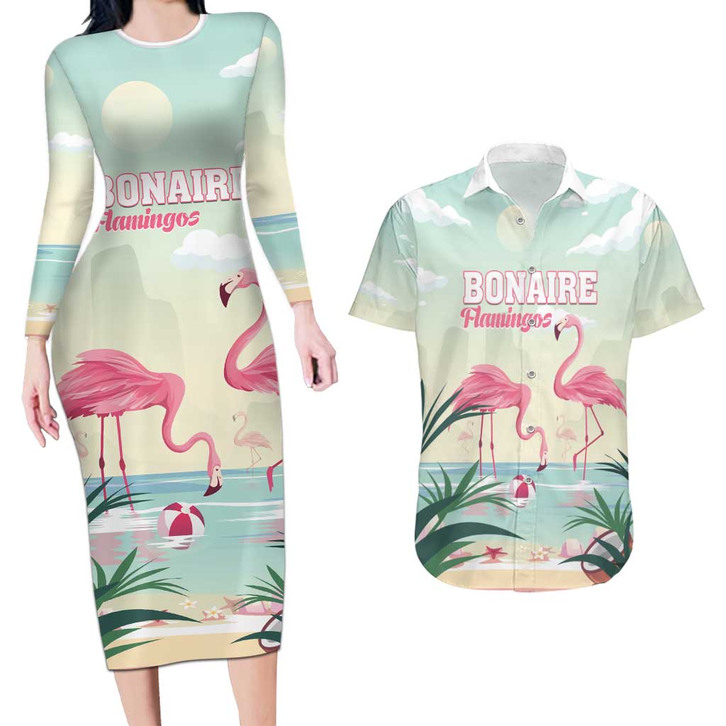 Personalised Bonaire Flamingos Couples Matching Long Sleeve Bodycon Dress and Hawaiian Shirt Summer Time Beach Concept