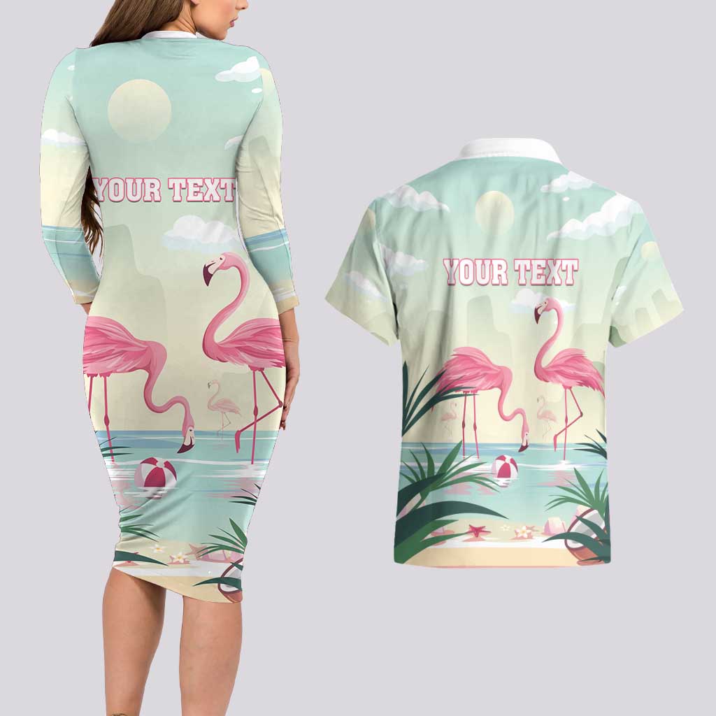 Personalised Bonaire Flamingos Couples Matching Long Sleeve Bodycon Dress and Hawaiian Shirt Summer Time Beach Concept