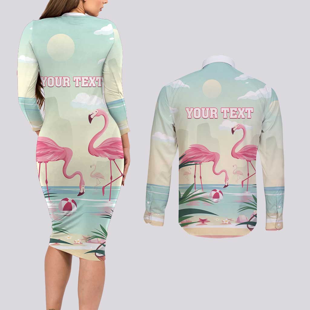 Personalised Bonaire Flamingos Couples Matching Long Sleeve Bodycon Dress and Long Sleeve Button Shirt Summer Time Beach Concept