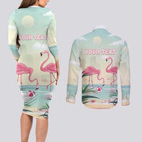 Personalised Bonaire Flamingos Couples Matching Long Sleeve Bodycon Dress and Long Sleeve Button Shirt Summer Time Beach Concept