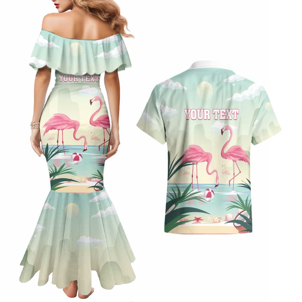 Personalised Bonaire Flamingos Couples Matching Mermaid Dress and Hawaiian Shirt Summer Time Beach Concept