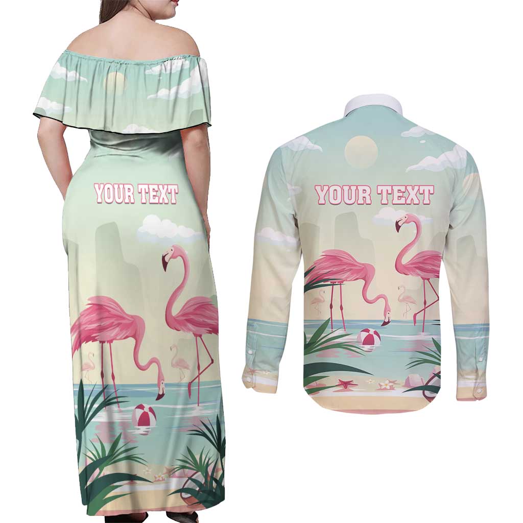 Personalised Bonaire Flamingos Couples Matching Off Shoulder Maxi Dress and Long Sleeve Button Shirt Summer Time Beach Concept