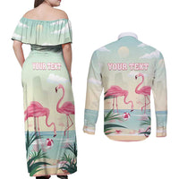 Personalised Bonaire Flamingos Couples Matching Off Shoulder Maxi Dress and Long Sleeve Button Shirt Summer Time Beach Concept