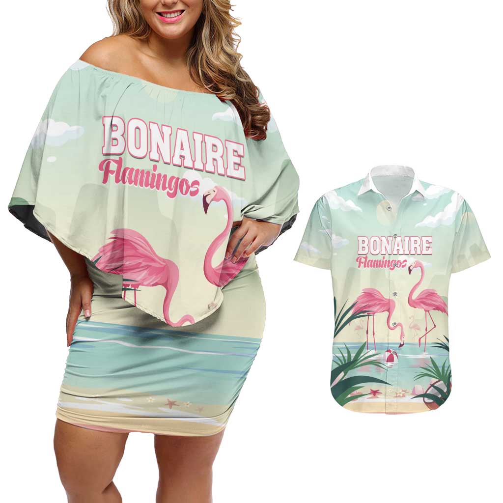 Personalised Bonaire Flamingos Couples Matching Off Shoulder Short Dress and Hawaiian Shirt Summer Time Beach Concept