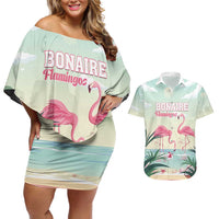 Personalised Bonaire Flamingos Couples Matching Off Shoulder Short Dress and Hawaiian Shirt Summer Time Beach Concept