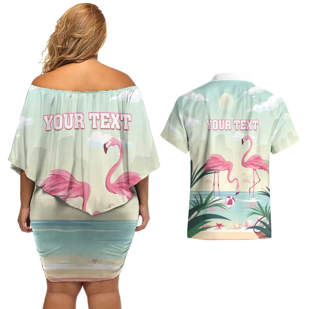 Personalised Bonaire Flamingos Couples Matching Off Shoulder Short Dress and Hawaiian Shirt Summer Time Beach Concept