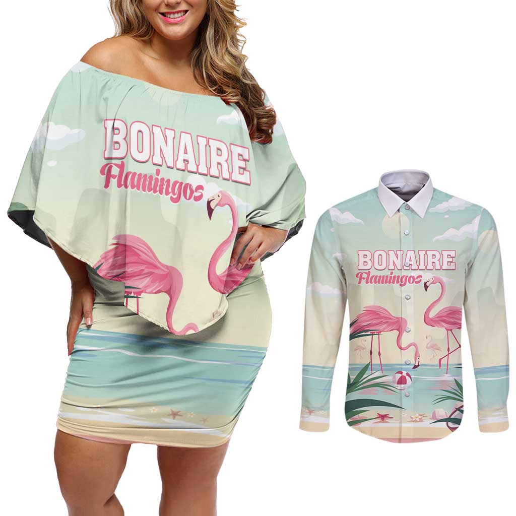 Personalised Bonaire Flamingos Couples Matching Off Shoulder Short Dress and Long Sleeve Button Shirt Summer Time Beach Concept