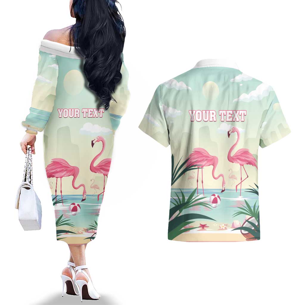 Personalised Bonaire Flamingos Couples Matching Off The Shoulder Long Sleeve Dress and Hawaiian Shirt Summer Time Beach Concept