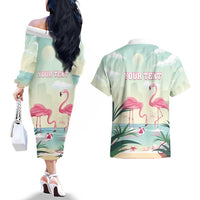 Personalised Bonaire Flamingos Couples Matching Off The Shoulder Long Sleeve Dress and Hawaiian Shirt Summer Time Beach Concept