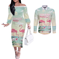Personalised Bonaire Flamingos Couples Matching Off The Shoulder Long Sleeve Dress and Long Sleeve Button Shirt Summer Time Beach Concept