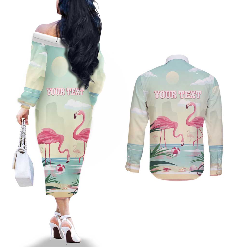 Personalised Bonaire Flamingos Couples Matching Off The Shoulder Long Sleeve Dress and Long Sleeve Button Shirt Summer Time Beach Concept