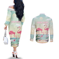 Personalised Bonaire Flamingos Couples Matching Off The Shoulder Long Sleeve Dress and Long Sleeve Button Shirt Summer Time Beach Concept