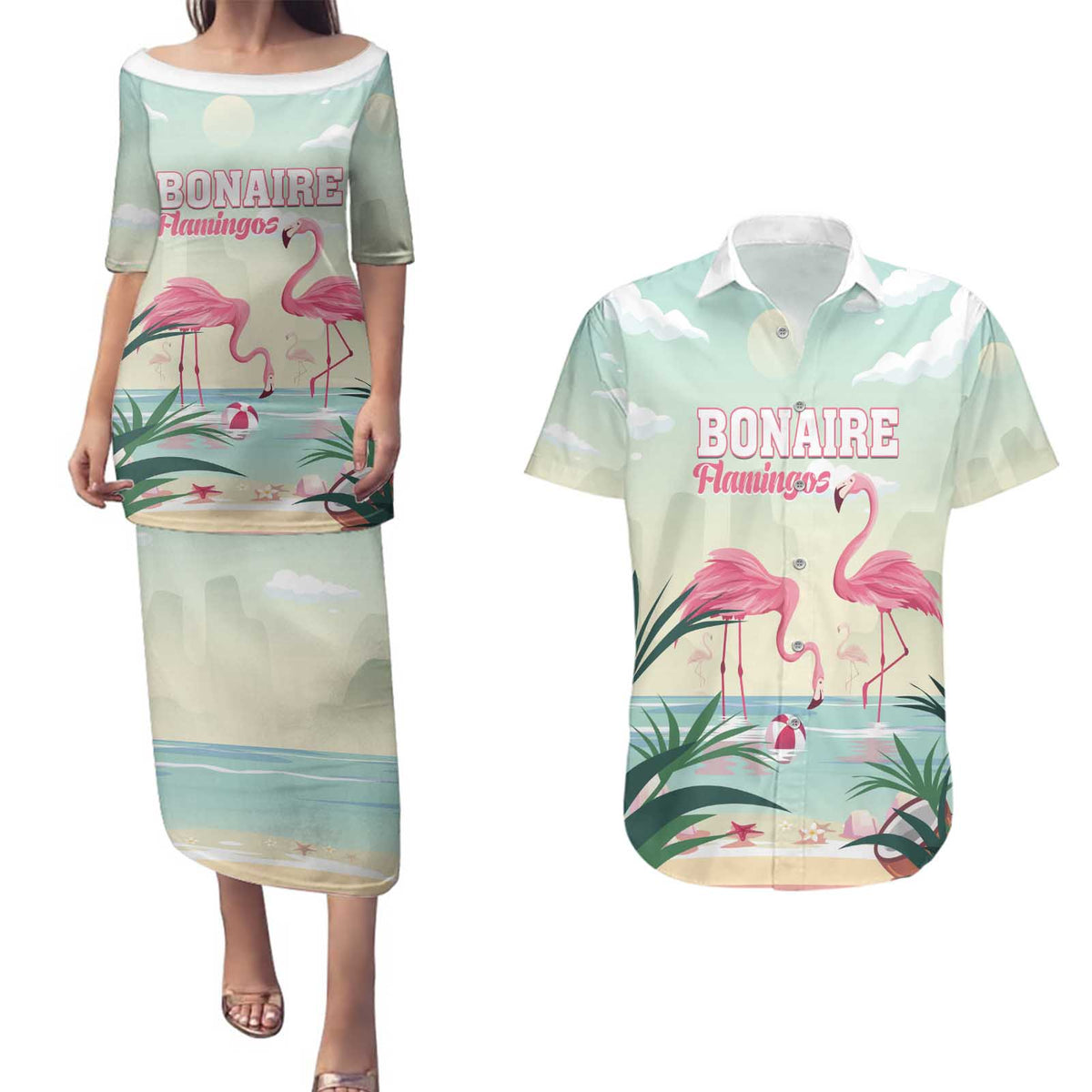 Personalised Bonaire Flamingos Couples Matching Puletasi and Hawaiian Shirt Summer Time Beach Concept