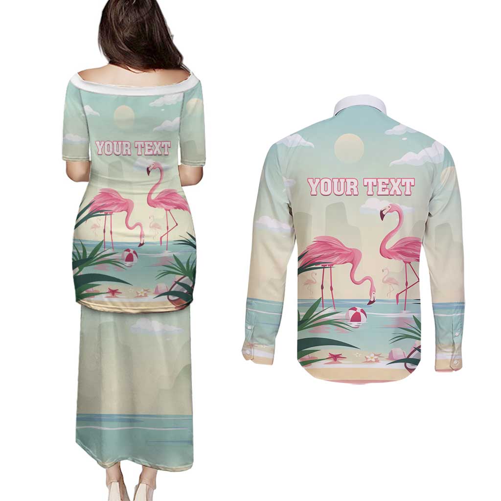 Personalised Bonaire Flamingos Couples Matching Puletasi and Long Sleeve Button Shirt Summer Time Beach Concept