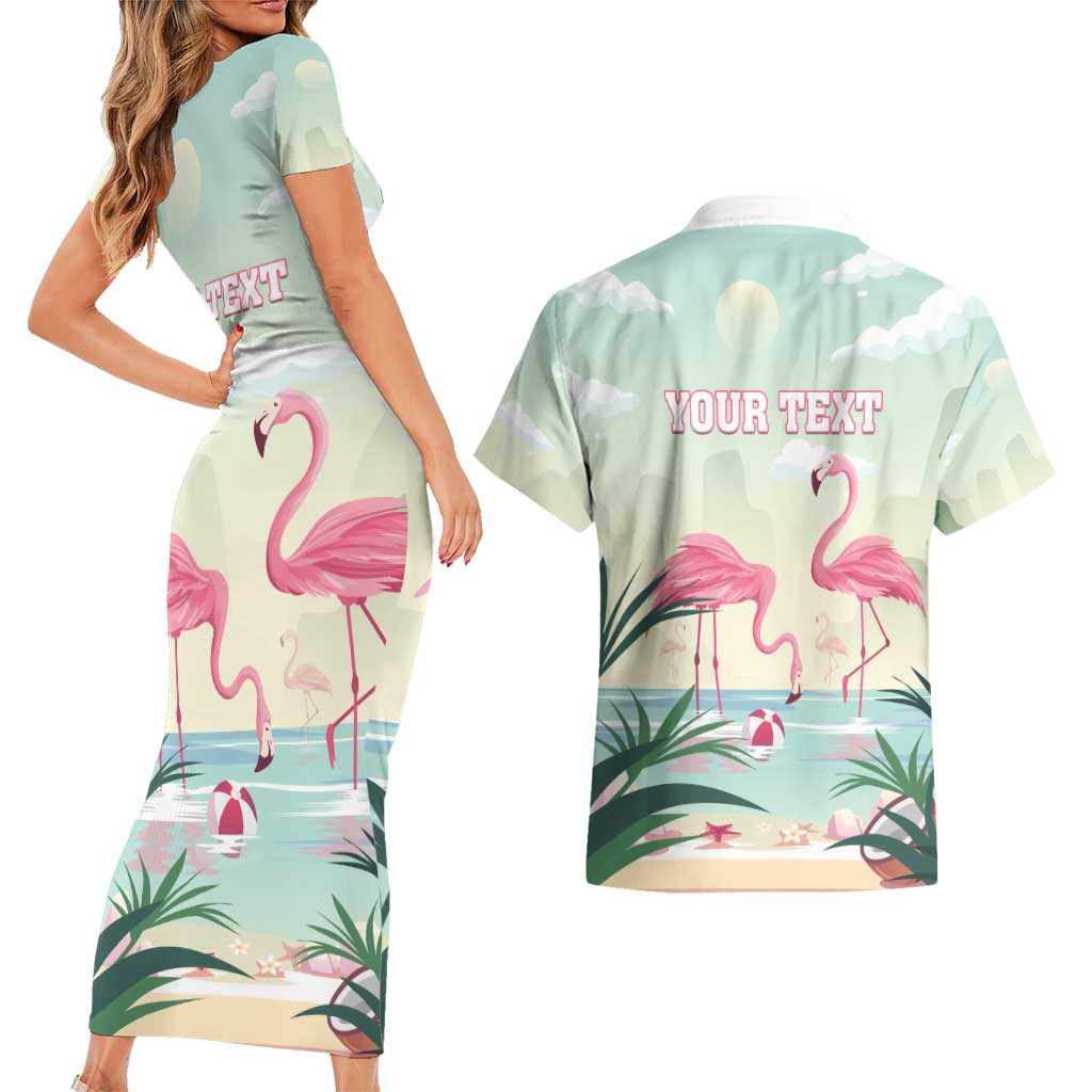 Personalised Bonaire Flamingos Couples Matching Short Sleeve Bodycon Dress and Hawaiian Shirt Summer Time Beach Concept