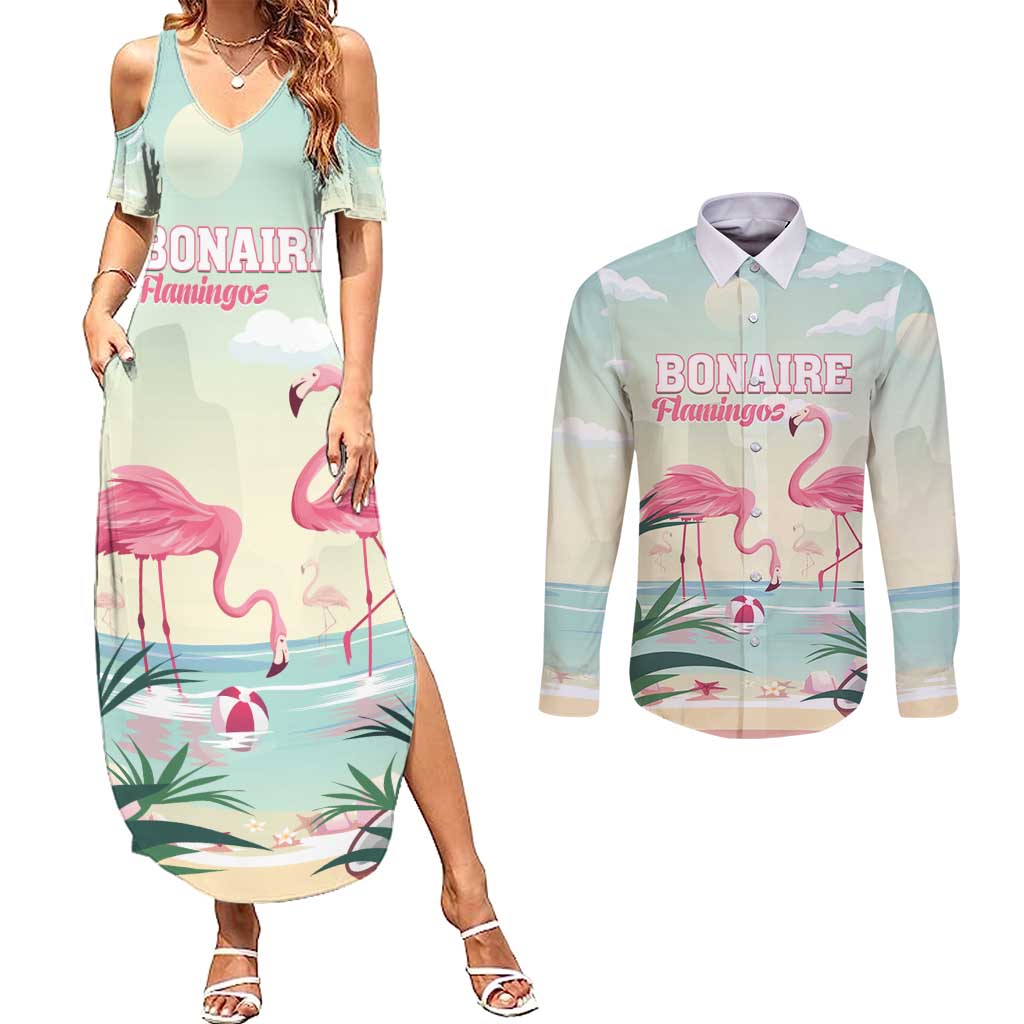Personalised Bonaire Flamingos Couples Matching Summer Maxi Dress and Long Sleeve Button Shirt Summer Time Beach Concept