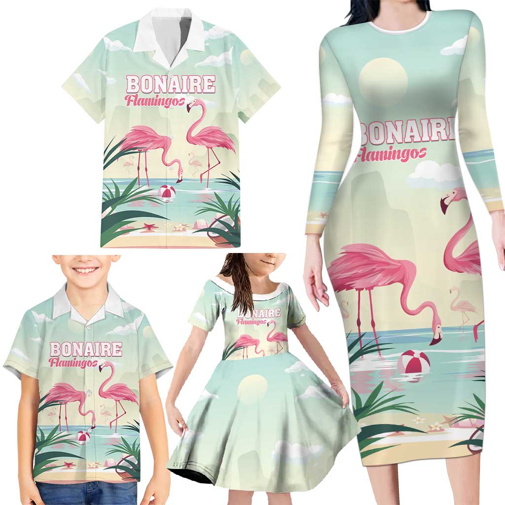 Personalised Bonaire Flamingos Family Matching Long Sleeve Bodycon Dress and Hawaiian Shirt Summer Time Beach Concept