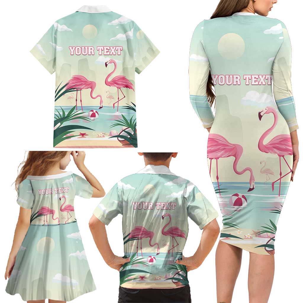 Personalised Bonaire Flamingos Family Matching Long Sleeve Bodycon Dress and Hawaiian Shirt Summer Time Beach Concept