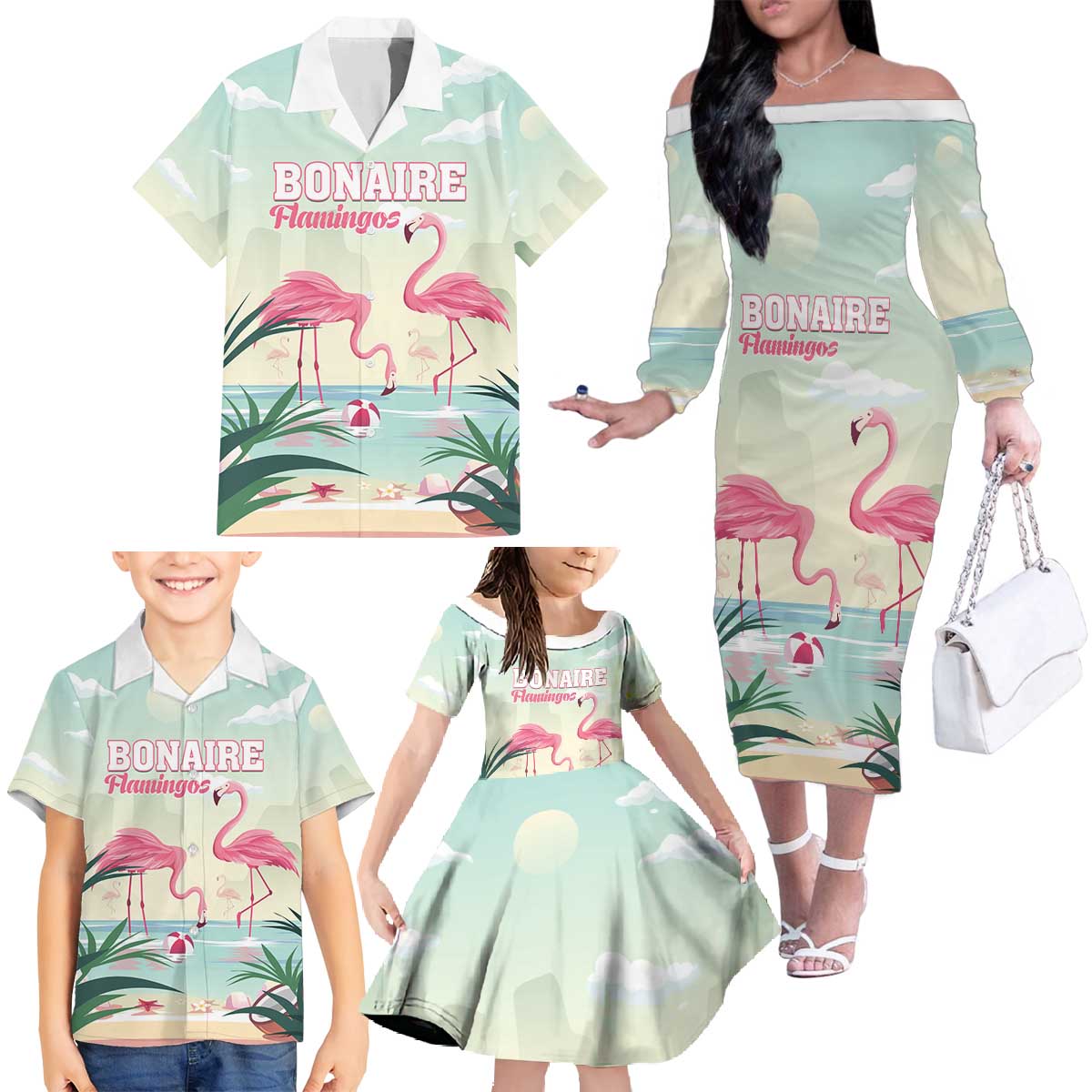 Personalised Bonaire Flamingos Family Matching Off The Shoulder Long Sleeve Dress and Hawaiian Shirt Summer Time Beach Concept