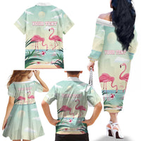 Personalised Bonaire Flamingos Family Matching Off The Shoulder Long Sleeve Dress and Hawaiian Shirt Summer Time Beach Concept