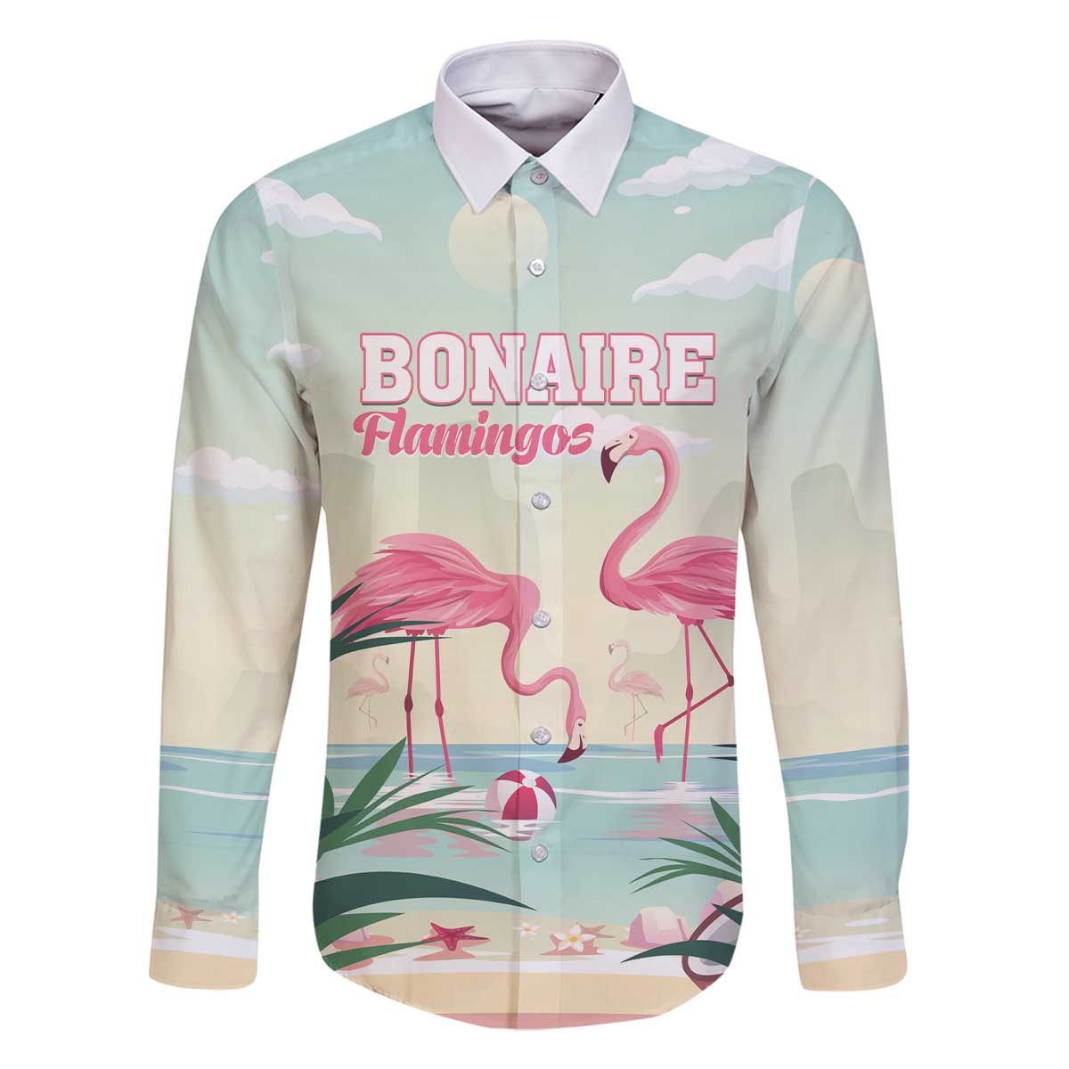 Personalised Bonaire Flamingos Family Matching Off The Shoulder Long Sleeve Dress and Hawaiian Shirt Summer Time Beach Concept