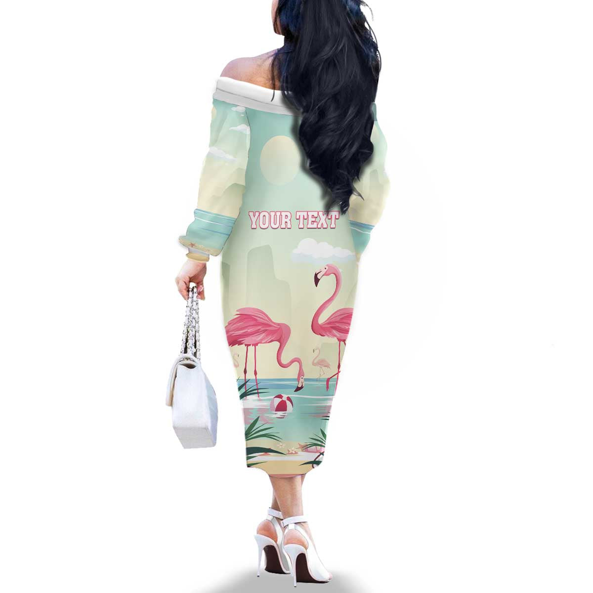 Personalised Bonaire Flamingos Family Matching Off The Shoulder Long Sleeve Dress and Hawaiian Shirt Summer Time Beach Concept