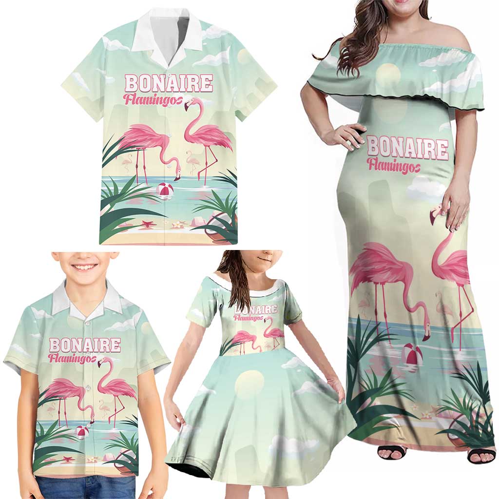 Personalised Bonaire Flamingos Family Matching Off Shoulder Maxi Dress and Hawaiian Shirt Summer Time Beach Concept