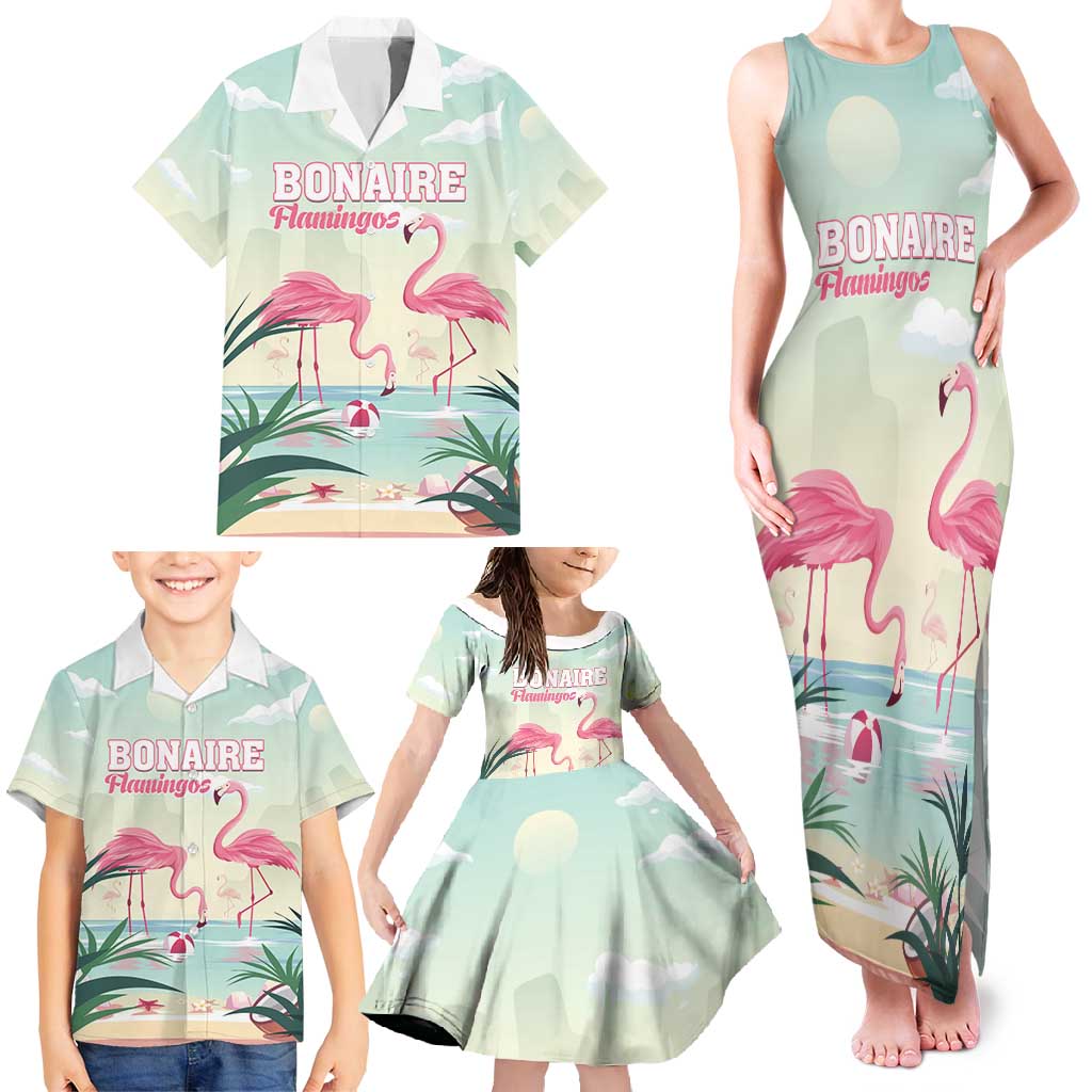Personalised Bonaire Flamingos Family Matching Tank Maxi Dress and Hawaiian Shirt Summer Time Beach Concept