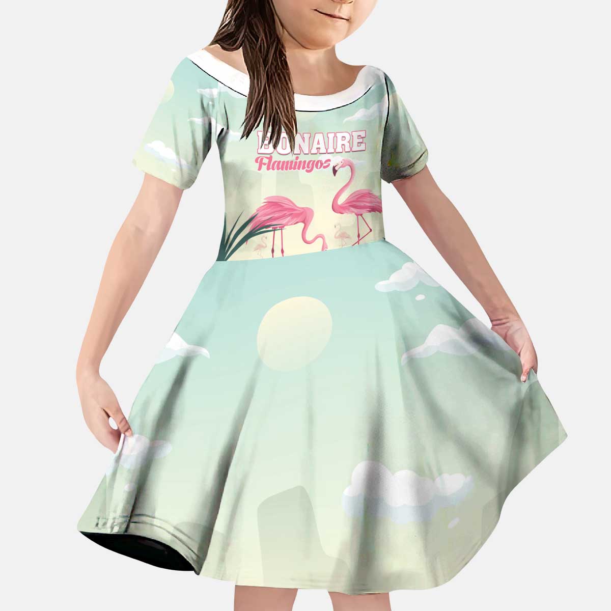 Personalised Bonaire Flamingos Kid Short Sleeve Dress Summer Time Beach Concept