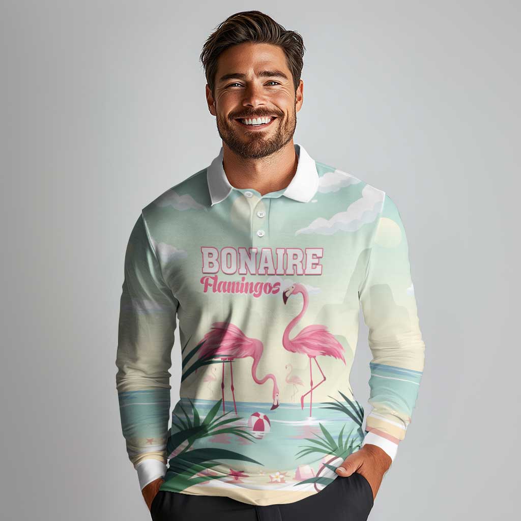 Personalised Bonaire Flamingos Long Sleeve Polo Shirt Summer Time Beach Concept
