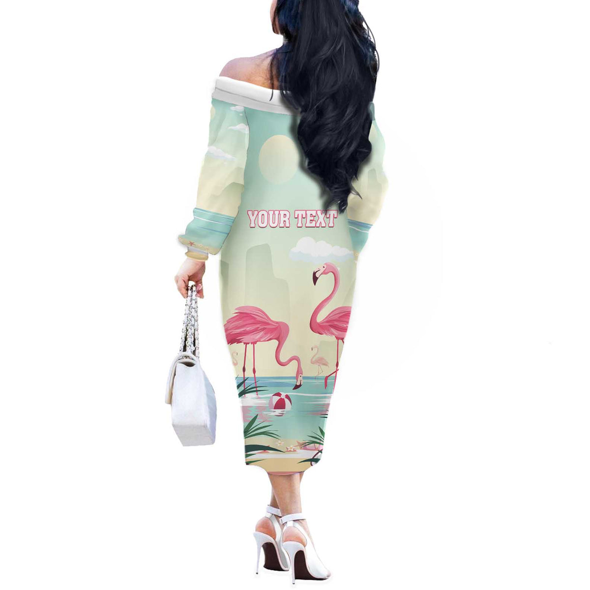 Personalised Bonaire Flamingos Off The Shoulder Long Sleeve Dress Summer Time Beach Concept