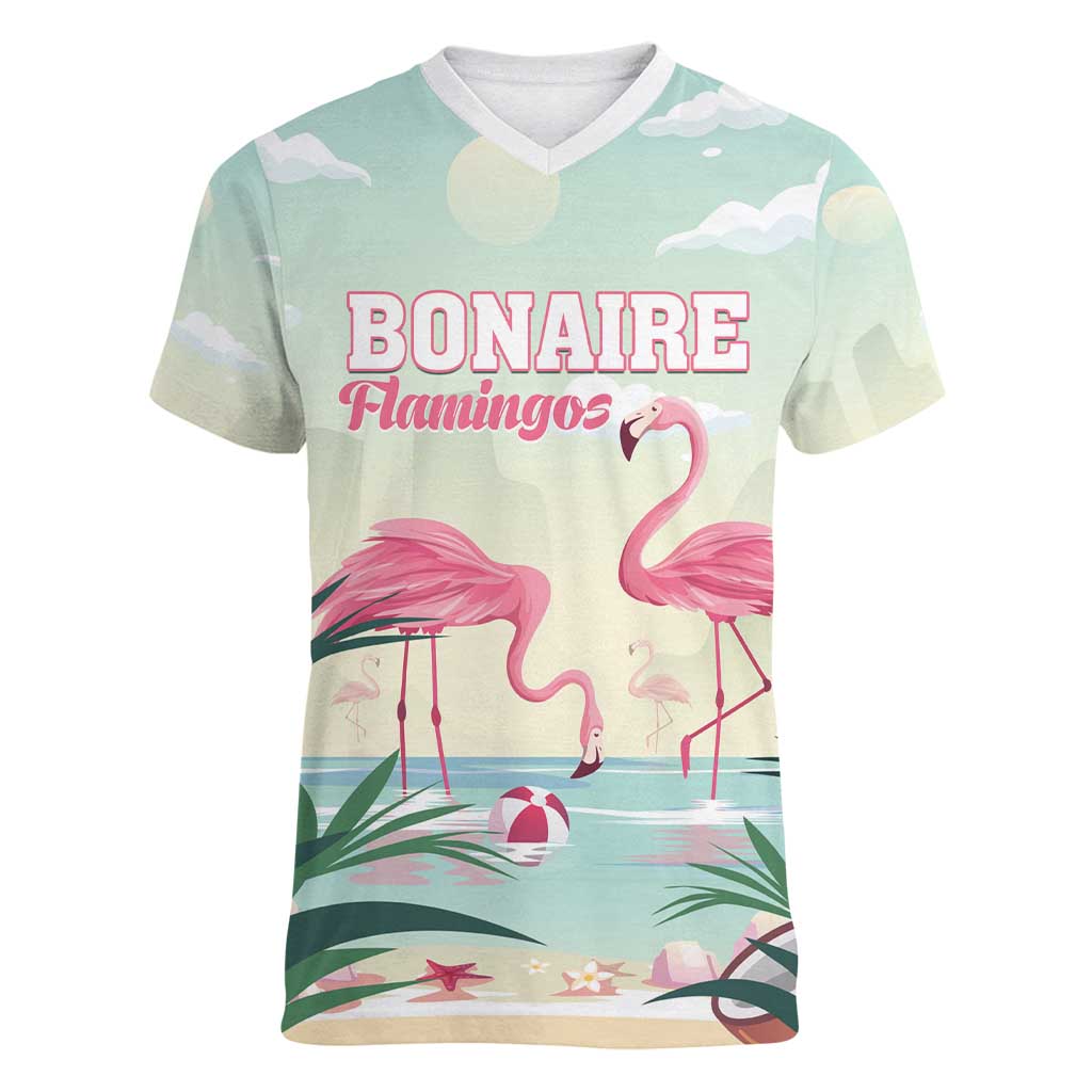 Personalised Bonaire Flamingos Women V-Neck T-Shirt Summer Time Beach Concept