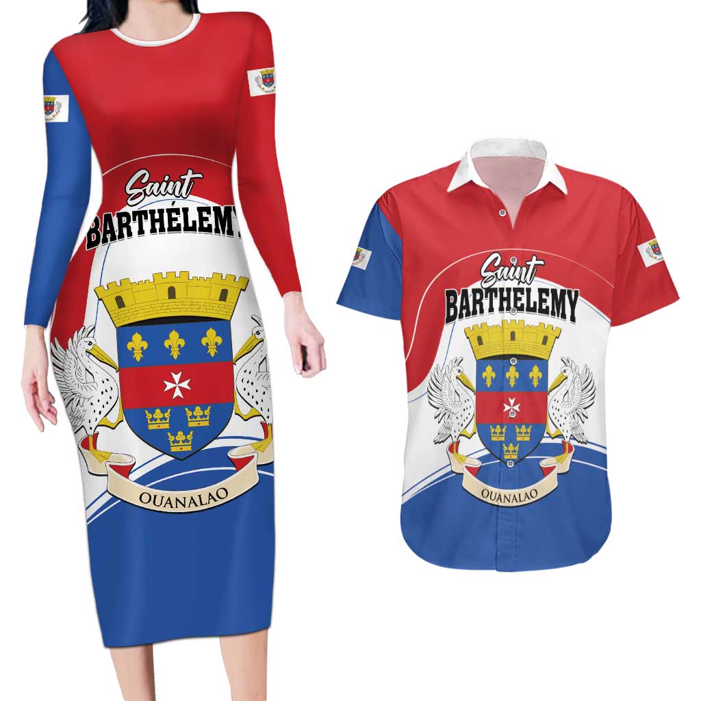 Personalised Saint Barthelemy Couples Matching Long Sleeve Bodycon Dress and Hawaiian Shirt Ouanalao Coat of Arms