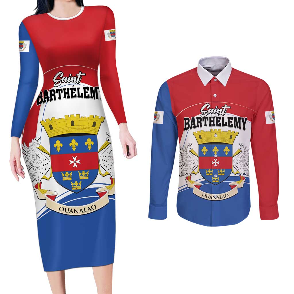 Personalised Saint Barthelemy Couples Matching Long Sleeve Bodycon Dress and Long Sleeve Button Shirt Ouanalao Coat of Arms