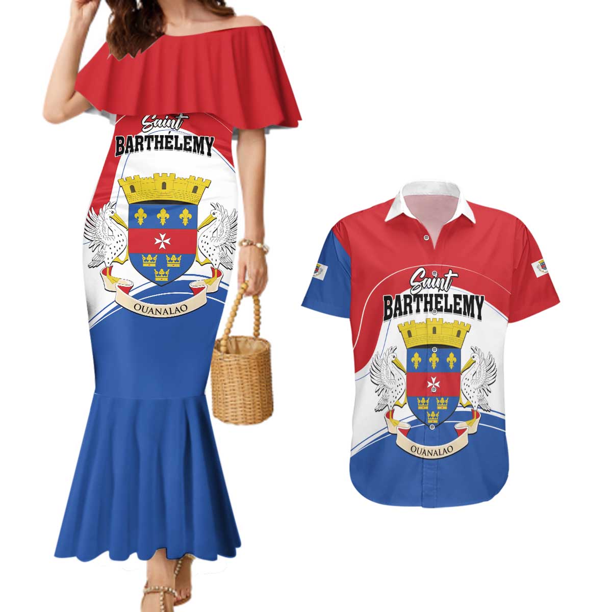 Personalised Saint Barthelemy Couples Matching Mermaid Dress and Hawaiian Shirt Ouanalao Coat of Arms