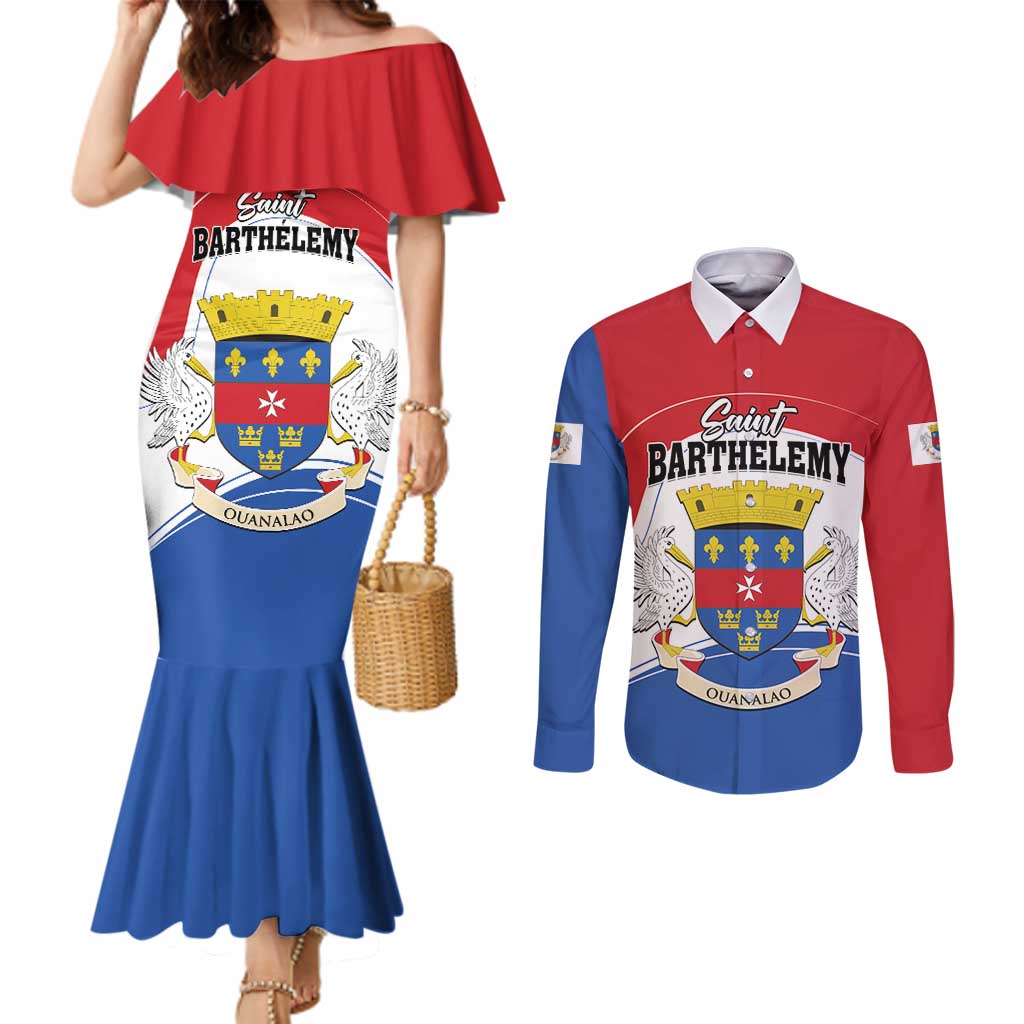 Personalised Saint Barthelemy Couples Matching Mermaid Dress and Long Sleeve Button Shirt Ouanalao Coat of Arms