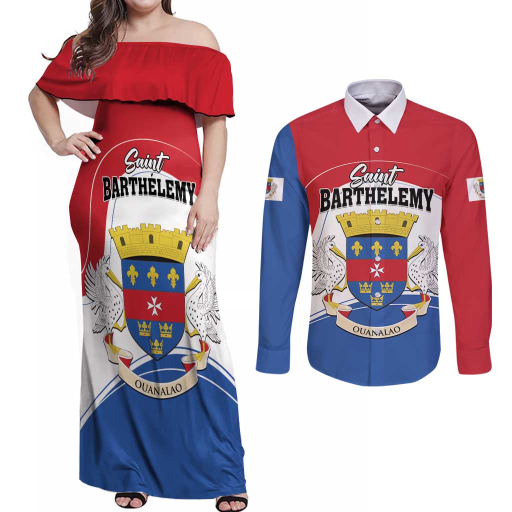 Personalised Saint Barthelemy Couples Matching Off Shoulder Maxi Dress and Long Sleeve Button Shirt Ouanalao Coat of Arms