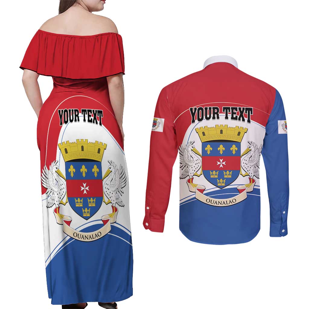 Personalised Saint Barthelemy Couples Matching Off Shoulder Maxi Dress and Long Sleeve Button Shirt Ouanalao Coat of Arms