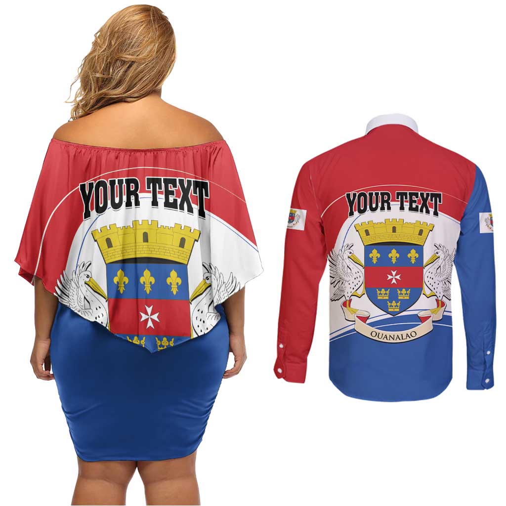 Personalised Saint Barthelemy Couples Matching Off Shoulder Short Dress and Long Sleeve Button Shirt Ouanalao Coat of Arms