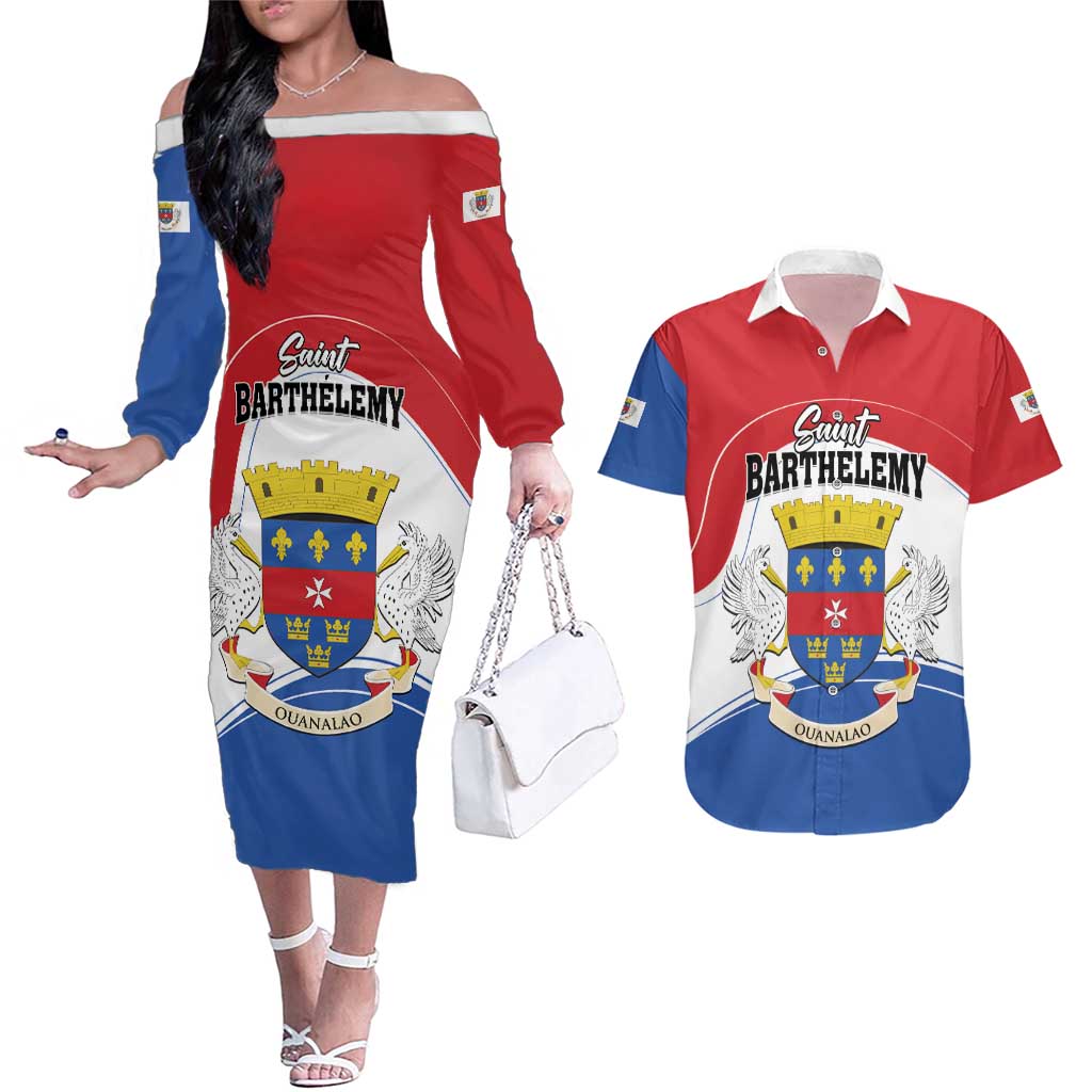 Personalised Saint Barthelemy Couples Matching Off The Shoulder Long Sleeve Dress and Hawaiian Shirt Ouanalao Coat of Arms