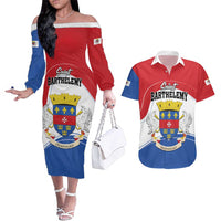 Personalised Saint Barthelemy Couples Matching Off The Shoulder Long Sleeve Dress and Hawaiian Shirt Ouanalao Coat of Arms
