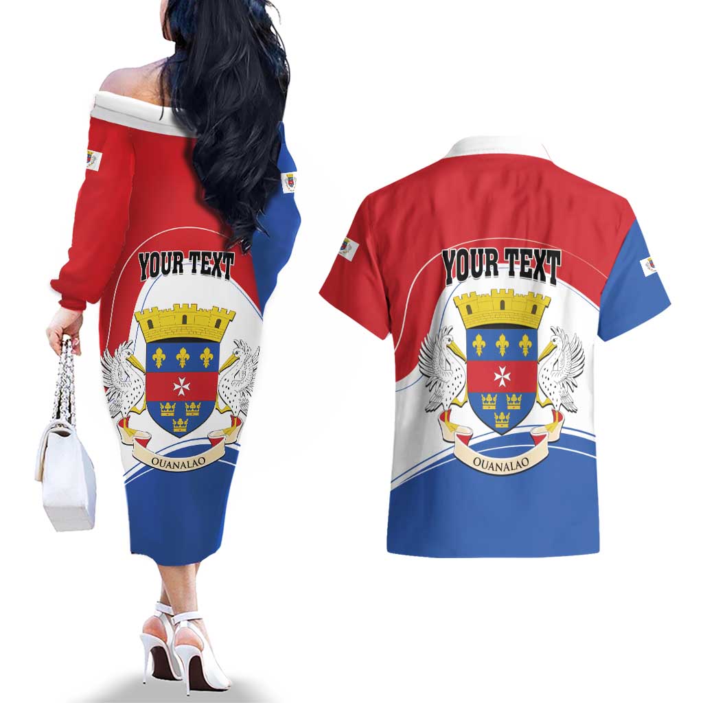 Personalised Saint Barthelemy Couples Matching Off The Shoulder Long Sleeve Dress and Hawaiian Shirt Ouanalao Coat of Arms