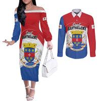 Personalised Saint Barthelemy Couples Matching Off The Shoulder Long Sleeve Dress and Long Sleeve Button Shirt Ouanalao Coat of Arms