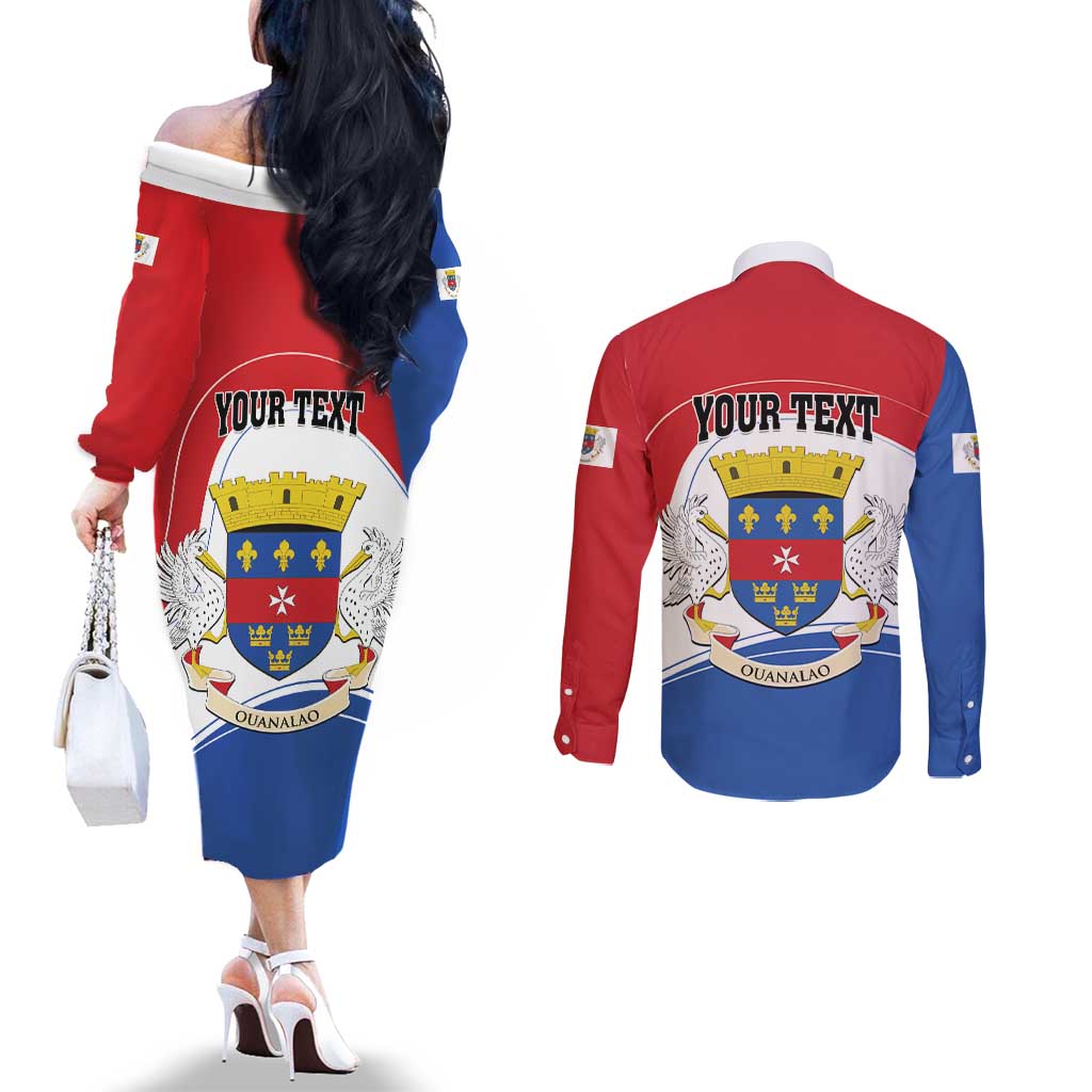 Personalised Saint Barthelemy Couples Matching Off The Shoulder Long Sleeve Dress and Long Sleeve Button Shirt Ouanalao Coat of Arms