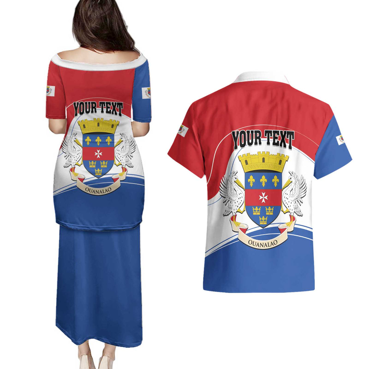Personalised Saint Barthelemy Couples Matching Puletasi and Hawaiian Shirt Ouanalao Coat of Arms